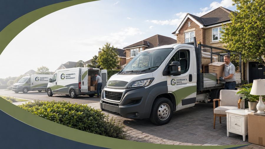 Single item collection in Bridgend The Vohmann's van being loaded outside a Bridgend home - we collect single bulky items such as sofas, mattresses and fridges as well as full clearances